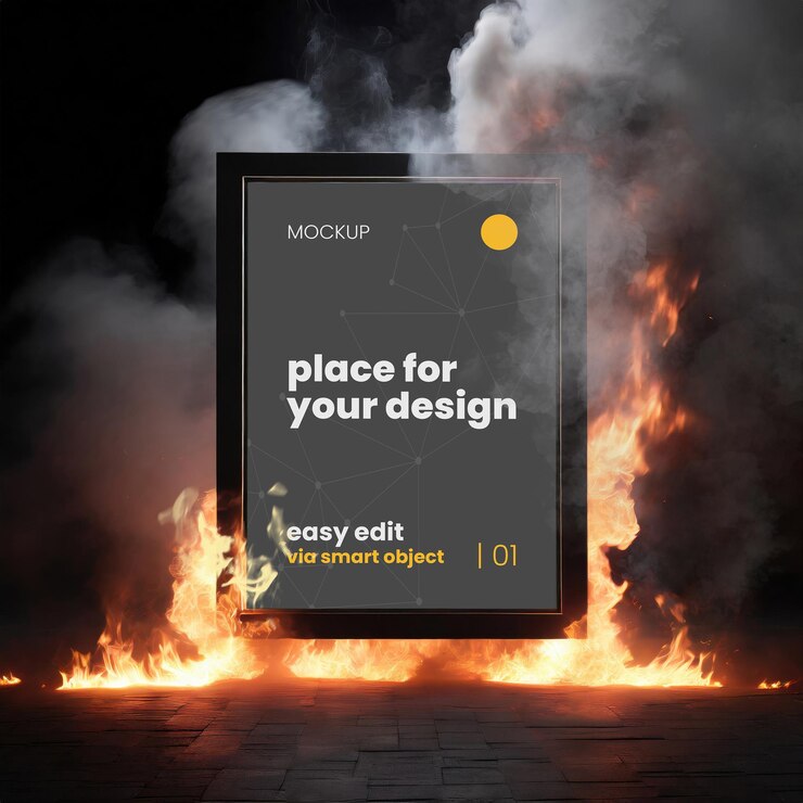 PSD maqueta de póster con marco prendido fuego 06b
