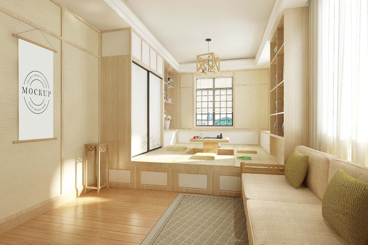PSD maqueta de póster de marco con renderizado de habitación interior