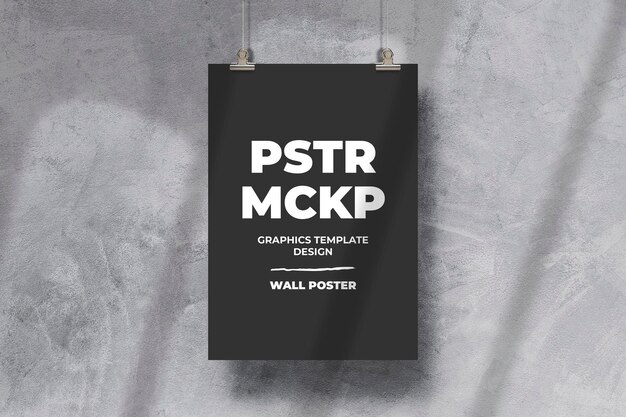 PSD maqueta de póster negro con efecto colgante sobre fondo de textura grunge