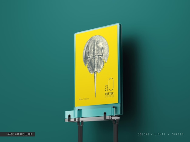 Maqueta de póster en tablero de exhibición de vidrio con soporte de metal