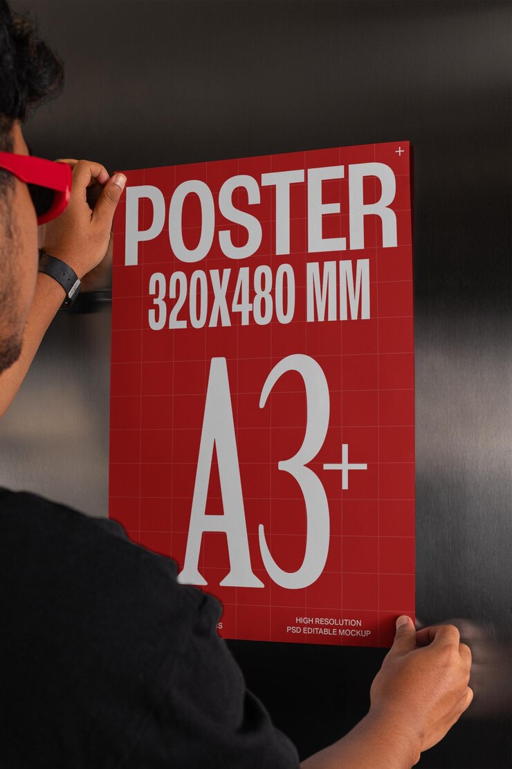 PSD maqueta de póster tamaño a3 extra grande sostenido por un hombre con colores personalizables