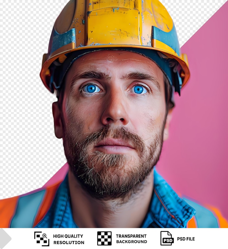 PSD maqueta premium de un trabajador de la construcción masculino con casco mirando a la cámara png psd