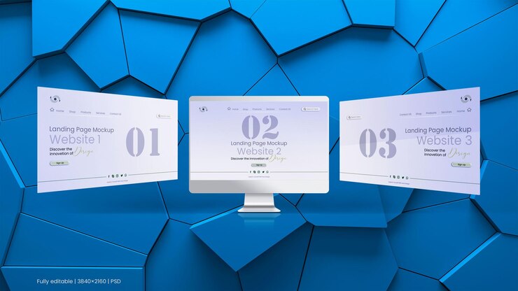 Maqueta de presentación de la pantalla de la página de aterrizaje del sitio web aislada con un fondo tridimensional