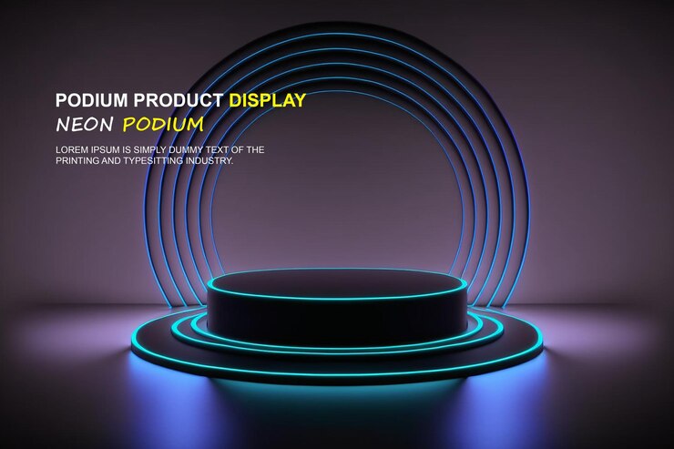 PSD maqueta de presentación de producto con escena de luz de neón dispaly de producto
