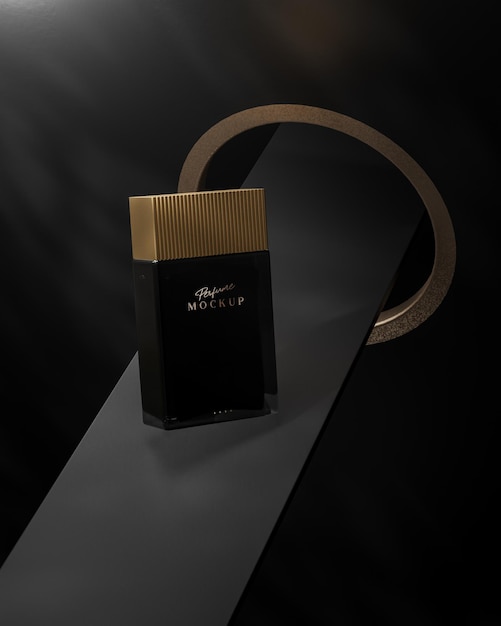 Maqueta de producto de logotipo de perfume de lujo negro sobre fondo abstracto verde 3d render