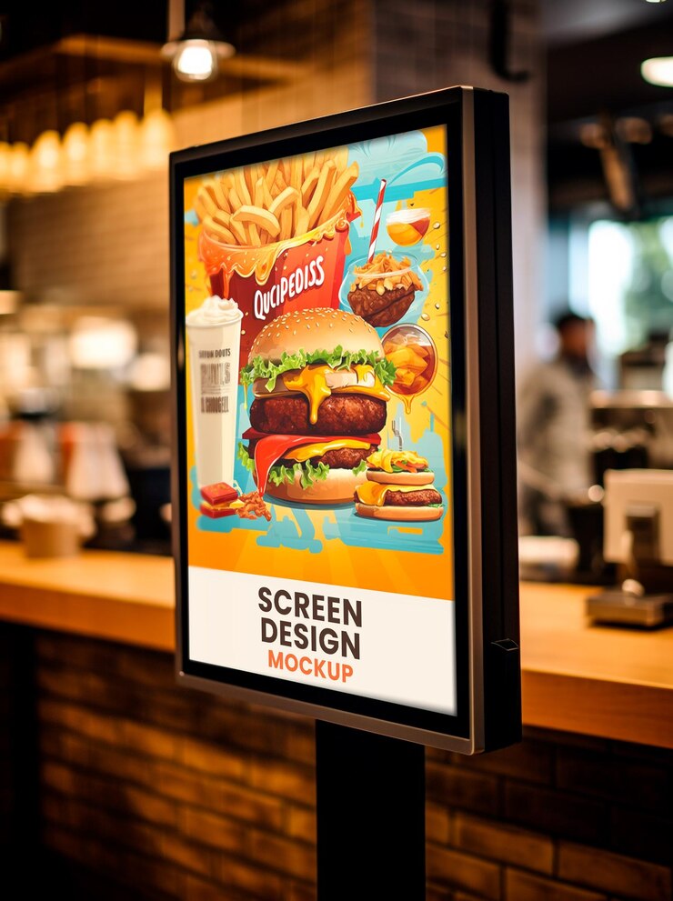 Maqueta PSD Diseño de plantilla de comida rápida de restaurante de pantalla de quiosco de autopedido