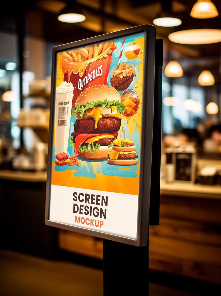 Maqueta PSD Diseño de plantilla de comida rápida de restaurante de pantalla de quiosco de autopedido