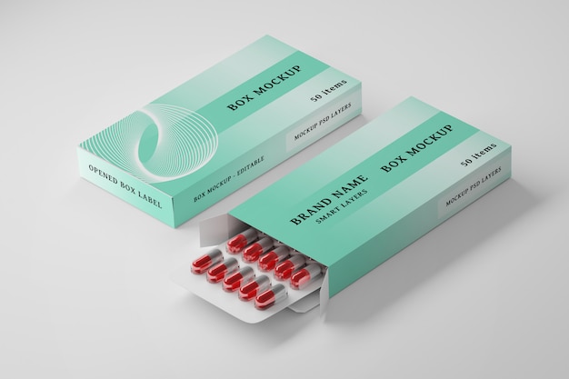 Maqueta psd editable de papelería con dos cajas de medicamentos isométricos y pastillas en blister de plástico