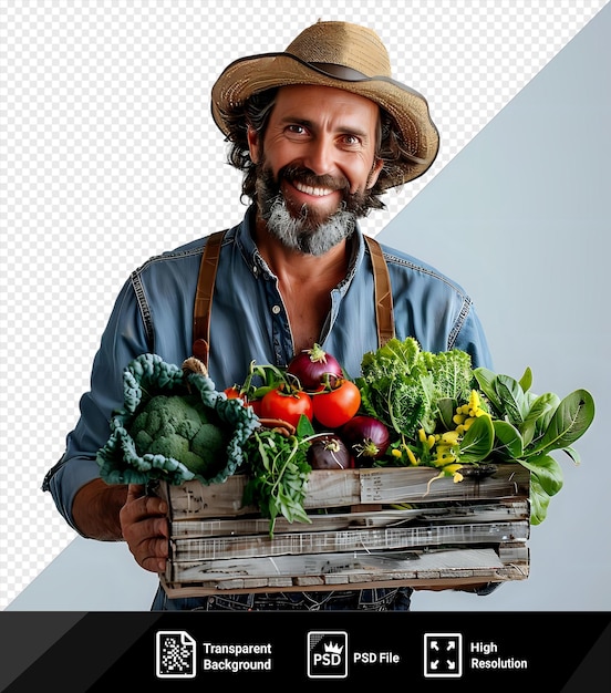 PSD maqueta psd de un granjero sonriendo y sosteniendo una caja de verduras con un sombrero de paja y una camisa azul con una barba gris y una nariz grande de pie frente a una pared blanca png