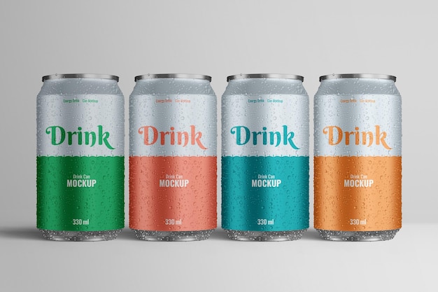 Maqueta PSD de latas de refresco de 330 ml con gotas de agua