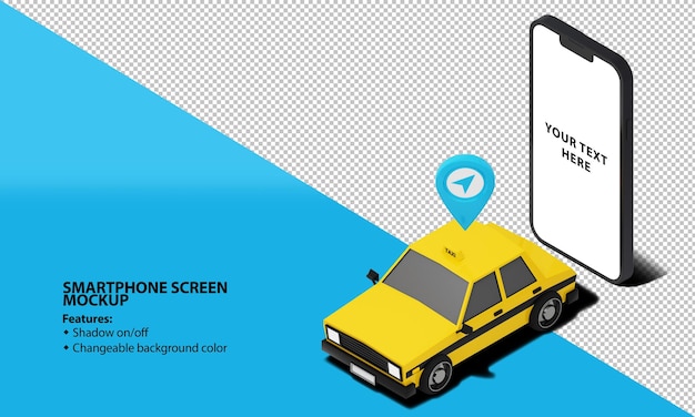 Maqueta de PSD para pantalla de teléfono inteligente con taxi y color de fondo editable