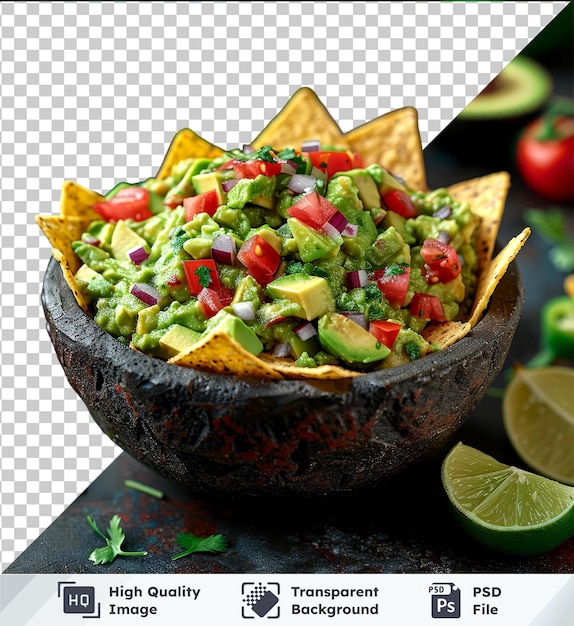 PSD maqueta de psd transparente de alta calidad de un cuenco de guacamole con nachos y tomate de limón de aguacate