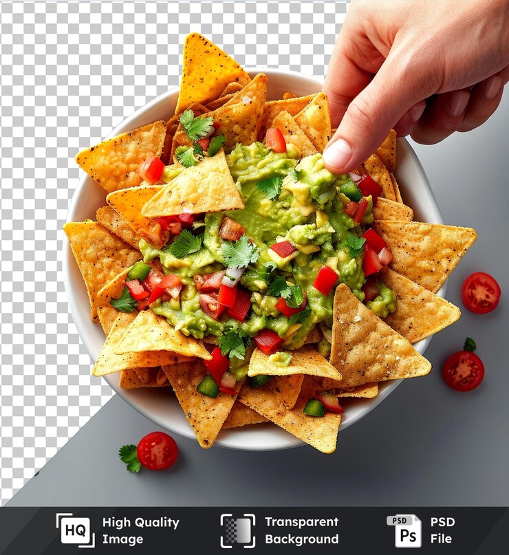 PSD maqueta de psd transparente de alta calidad de una mano sumergiendo nachos en salsa de guacamole rodeada de