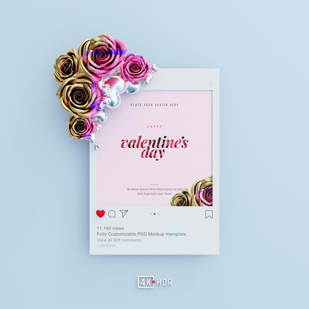 Maqueta de publicación de instagram con vibraciones de san valentín decoradas con lindas rosas y corazones de amor