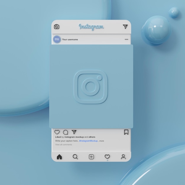Maqueta de publicación de redes sociales de instagram interfaz ui ux sobre fondo azul render 3d
