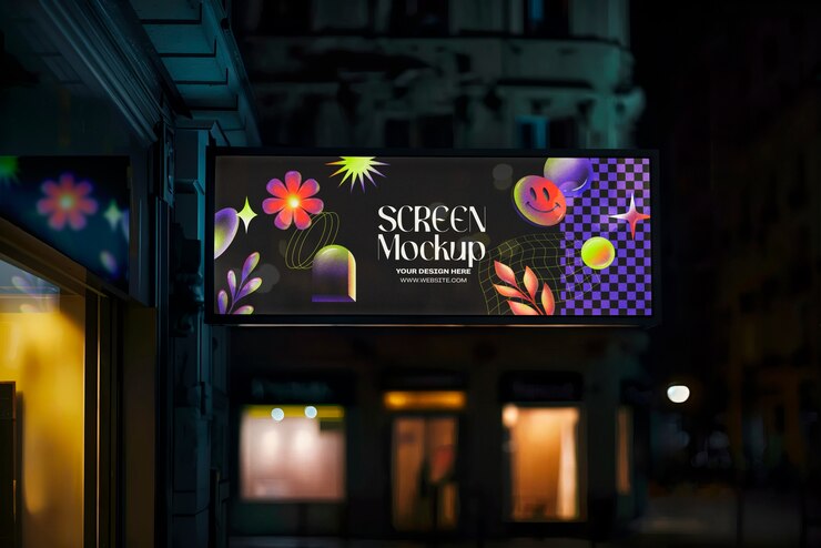 PSD maqueta de publicidad al aire libre de pantalla horizontal por la noche