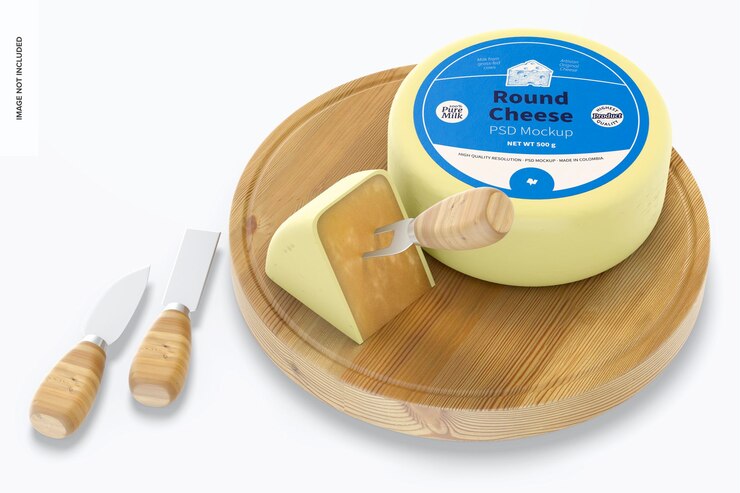 PSD maqueta de queso redondo con tabla de quesos