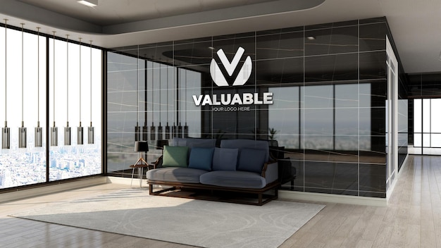 Maqueta realista del logotipo de la empresa plateada en el área de espera del vestíbulo de la oficina con un interior de diseño de lujo