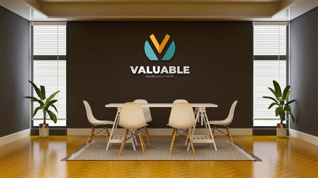 Maqueta realista del logotipo de la empresa en la sala de reuniones de conferencias de la oficina de lujo