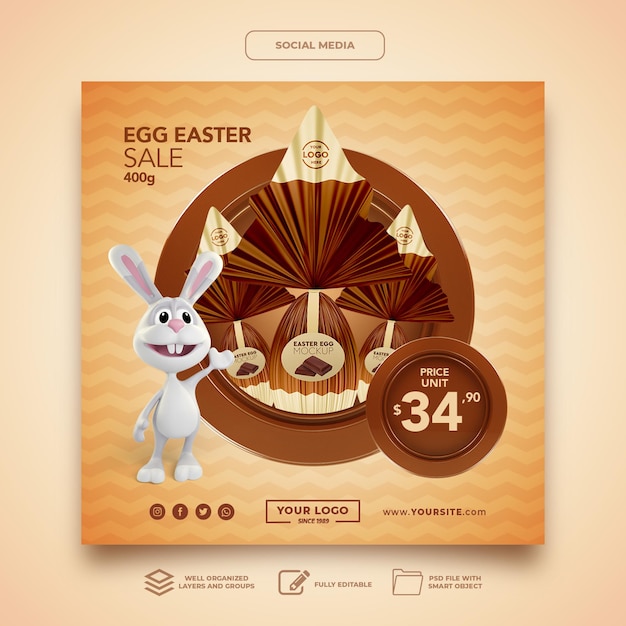 Maqueta de redes sociales Plantilla de chocolate de conejo de huevo de Pascua