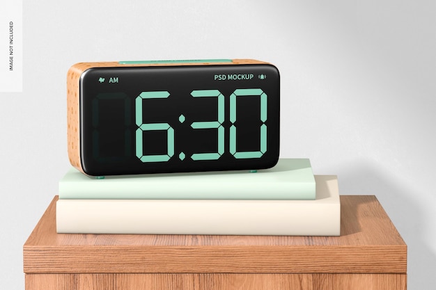 Maqueta de reloj despertador de madera en mesita de noche