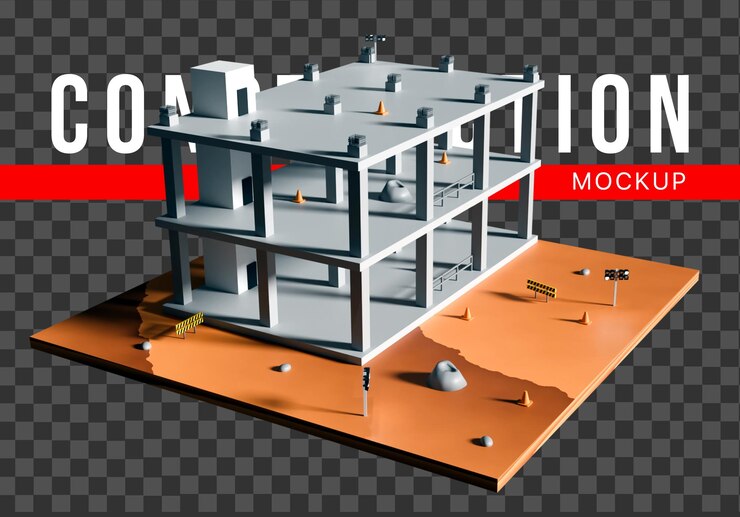 PSD maqueta de renderización 3d del sitio de construcción