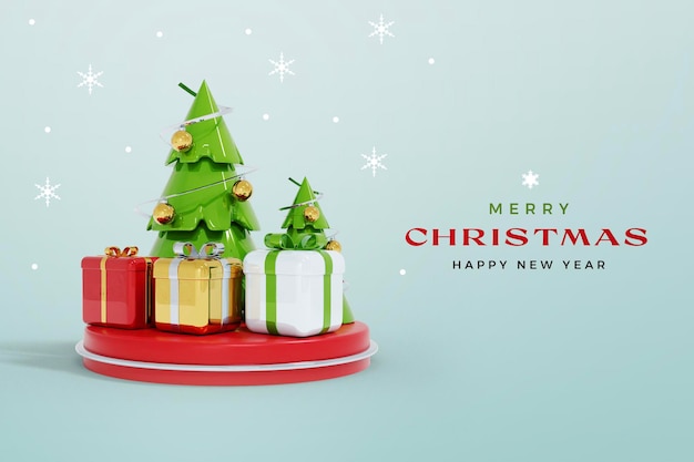 Maqueta de renderizado 3d de Navidad y año nuevo aislado con podio árbol de Navidad