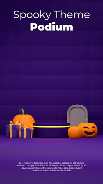 Maqueta de renderizado 3d podio de cilindro morado de halloween en retrato con calabaza, tumba y caja de regalo