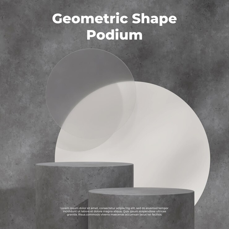 PSD maqueta de renderizado 3d de podio de hormigón gris en cuadrado con círculo blanco y fondo de vidrio