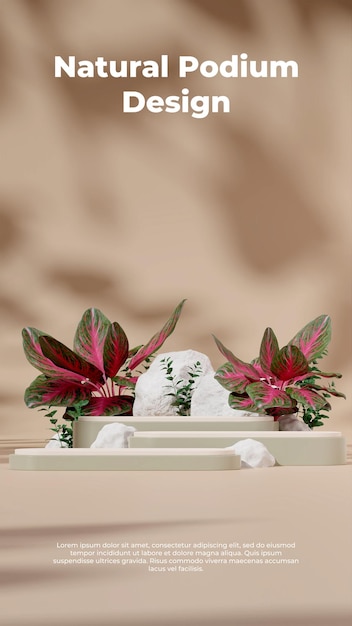 Maqueta de renderizado 3D podio verde y blanco en retrato con rocas blancas y árbol de hoja perenne chino rojo