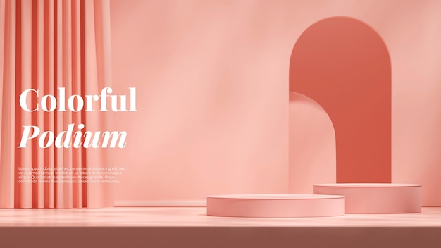 Maqueta de renderizado 3d producto de podio de escena de color rosa pastel en paisaje con cortina y arco