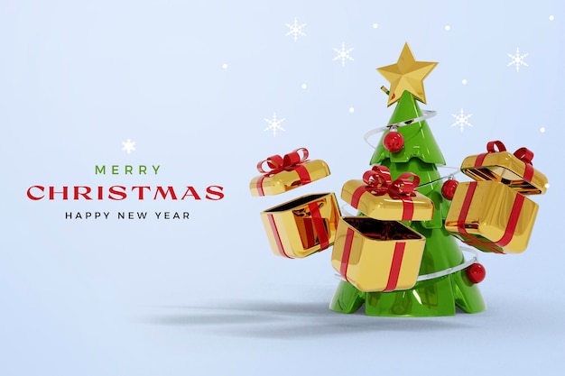 Maqueta de representación 3d aislada de Navidad y año nuevo con árbol de Navidad y caja de regalo