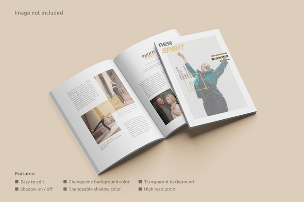 Maqueta de revista abierta con una vista en perspectiva de portada