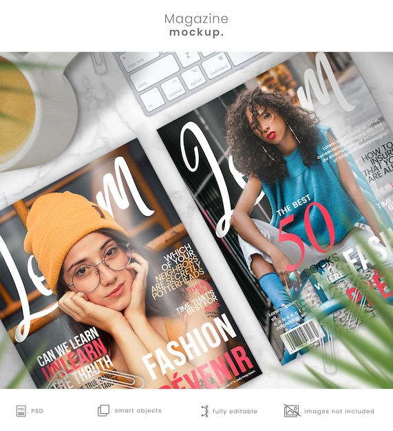 PSD maqueta de revista de dos diseños de portada de revista en mesa de mármol