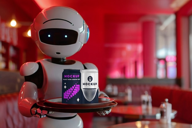 Maqueta de robot que sirve comida y bebidas