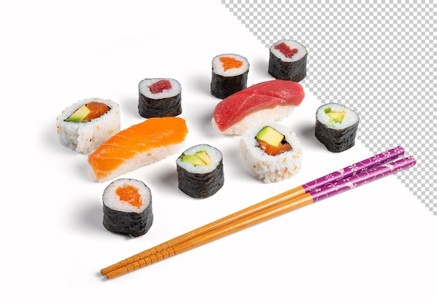 PSD maqueta de rollo de sushi en palillos con espacio de copia