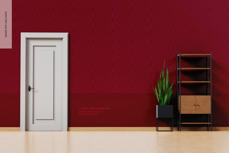 PSD maqueta de sala de estar con puerta, vista frontal 02