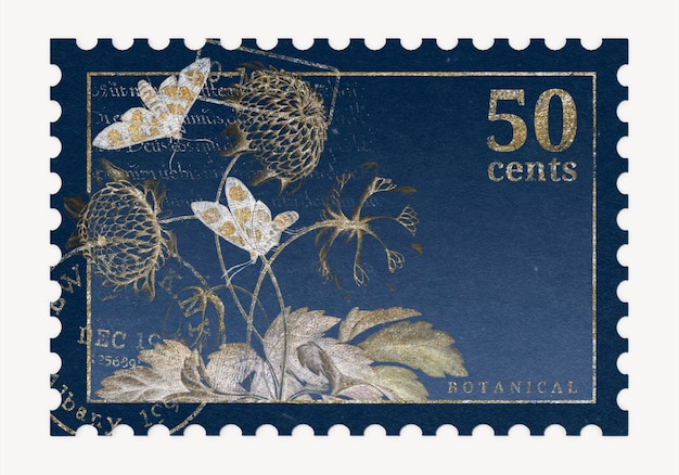Maqueta de sello postal vintage con ilustraciones de mariposas y flores