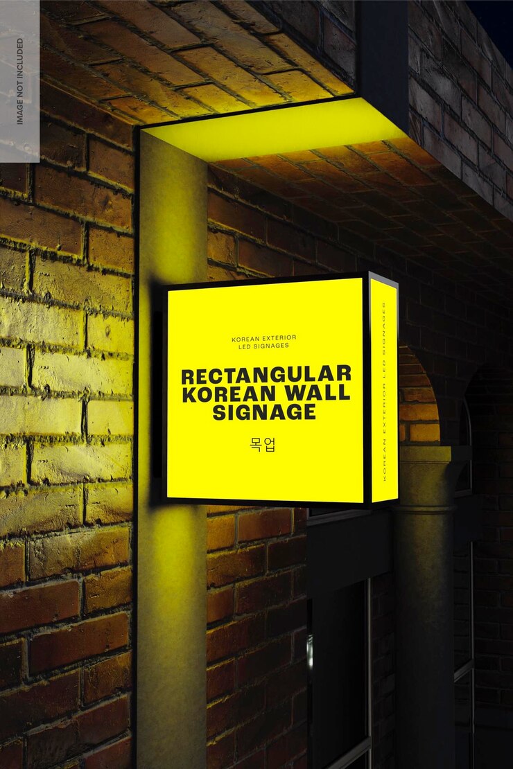 PSD maqueta de señalización de pared coreana rectangular, vista derecha