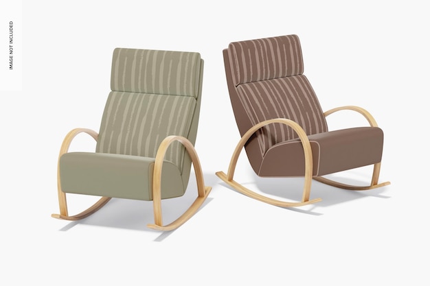 Maqueta de sillas mecedoras de tela modernas, vista derecha e izquierda