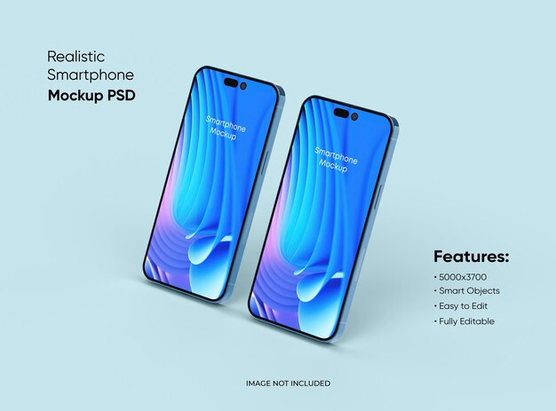 Maqueta de Smartphone 14 pro max para la marca de la interfaz de usuario de la aplicación y el sitio web 2 teléfonos en la parte delantera y trasera de la representación 3D