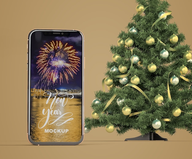 Maqueta de smartphone con árbol de navidad