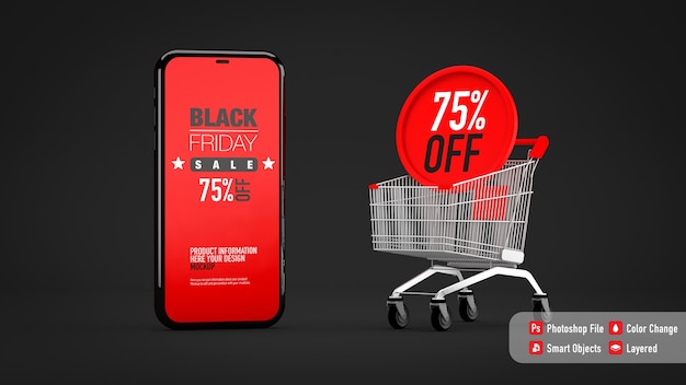 Maqueta de smartphone para Black Friday junto al carrito de compras