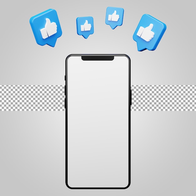 Maqueta de smartphone con burbuja de chat flotante pulgar arriba. Render 3d
