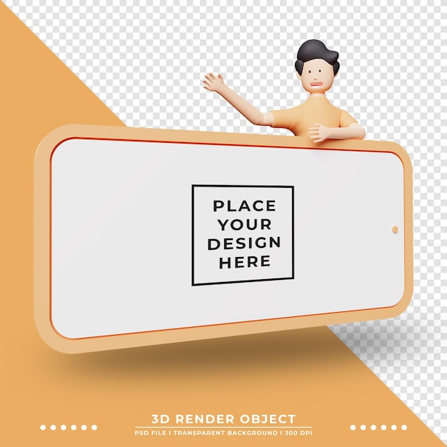Maqueta de smartphone con ilustración de personaje de dibujos animados en 3D. Render 3D.