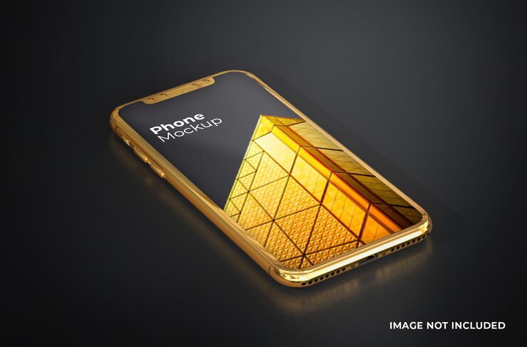 Maqueta de smartphone con pantalla dorada