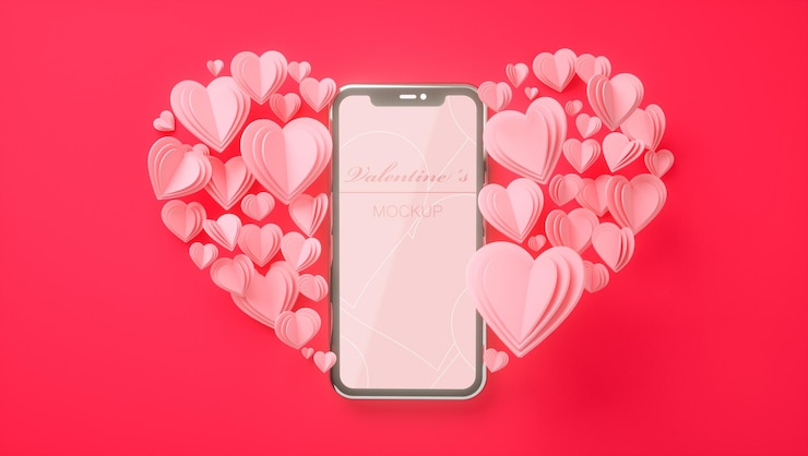 PSD maqueta de smartphone con render 3d de concepto de san valentín