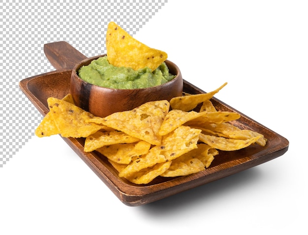 Maqueta de una tabla de madera con salsa de guacamole y nachos