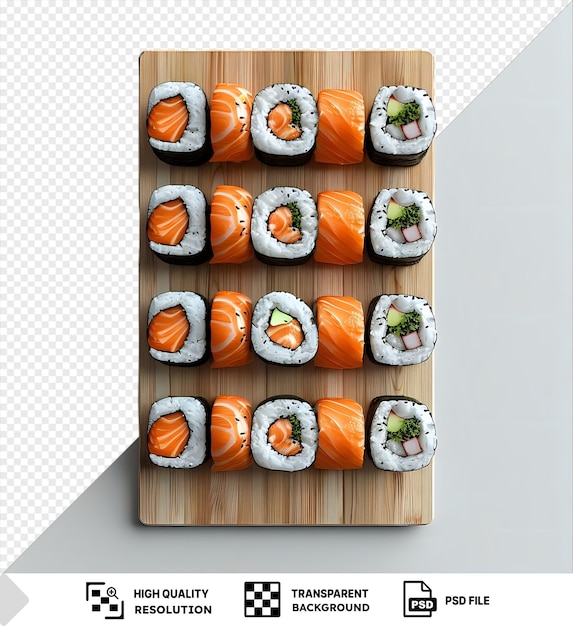 PSD maqueta de una tabla de madera con sushi en vista superior png