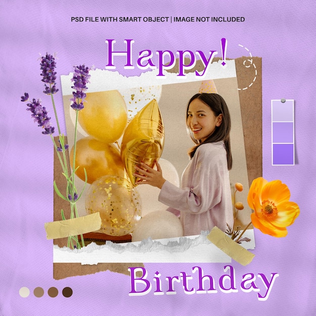 Maqueta de tablero de humor de collage de fotos de cumpleaños de PSD en las redes sociales